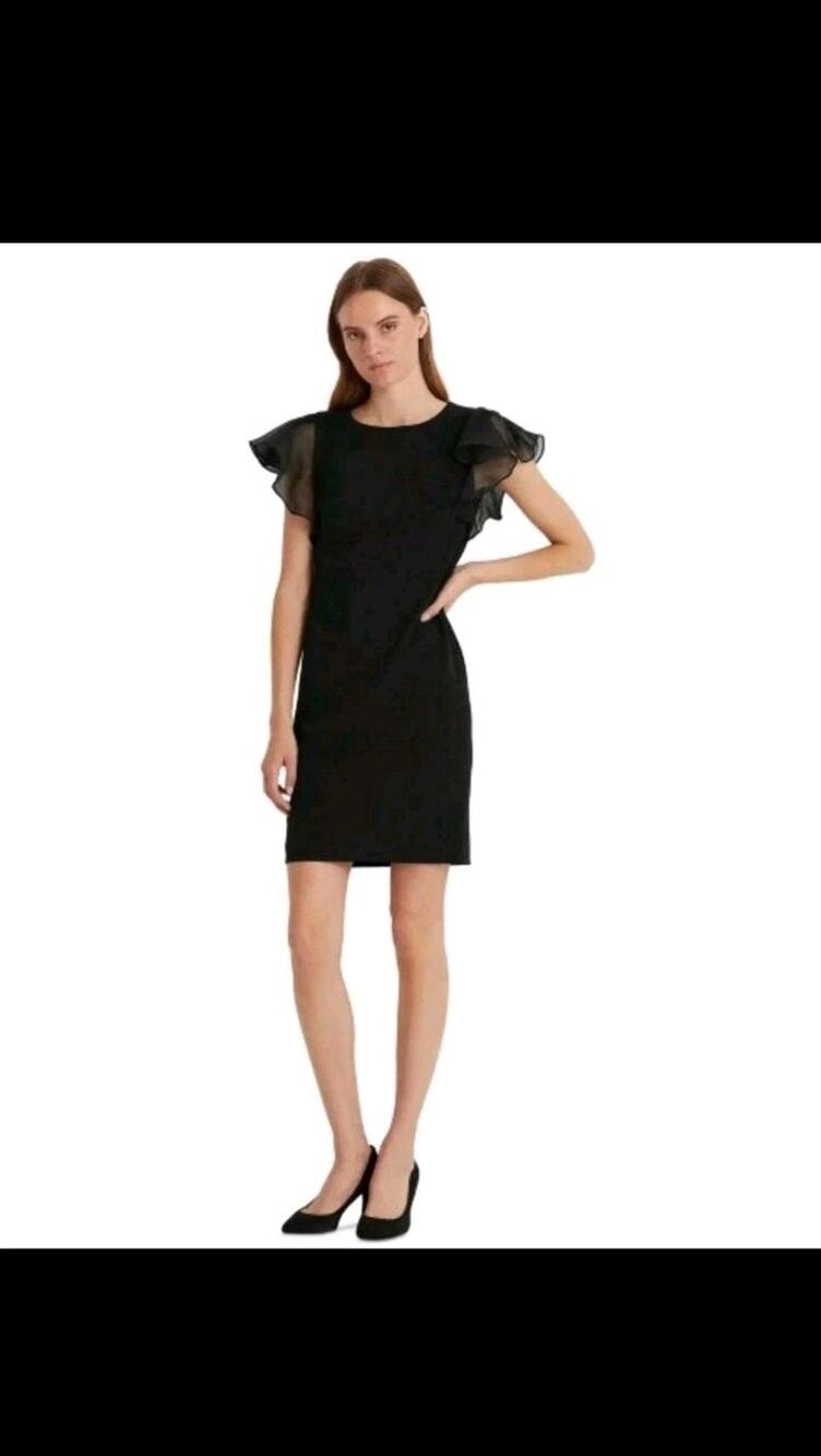 New $145 Ralph Lauren Women's Black Crepe Flutter Sleeve Shift Dress size 4